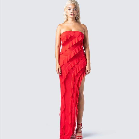 Red Mesh Ruffle Maxi Dress - Picture 2 of 8